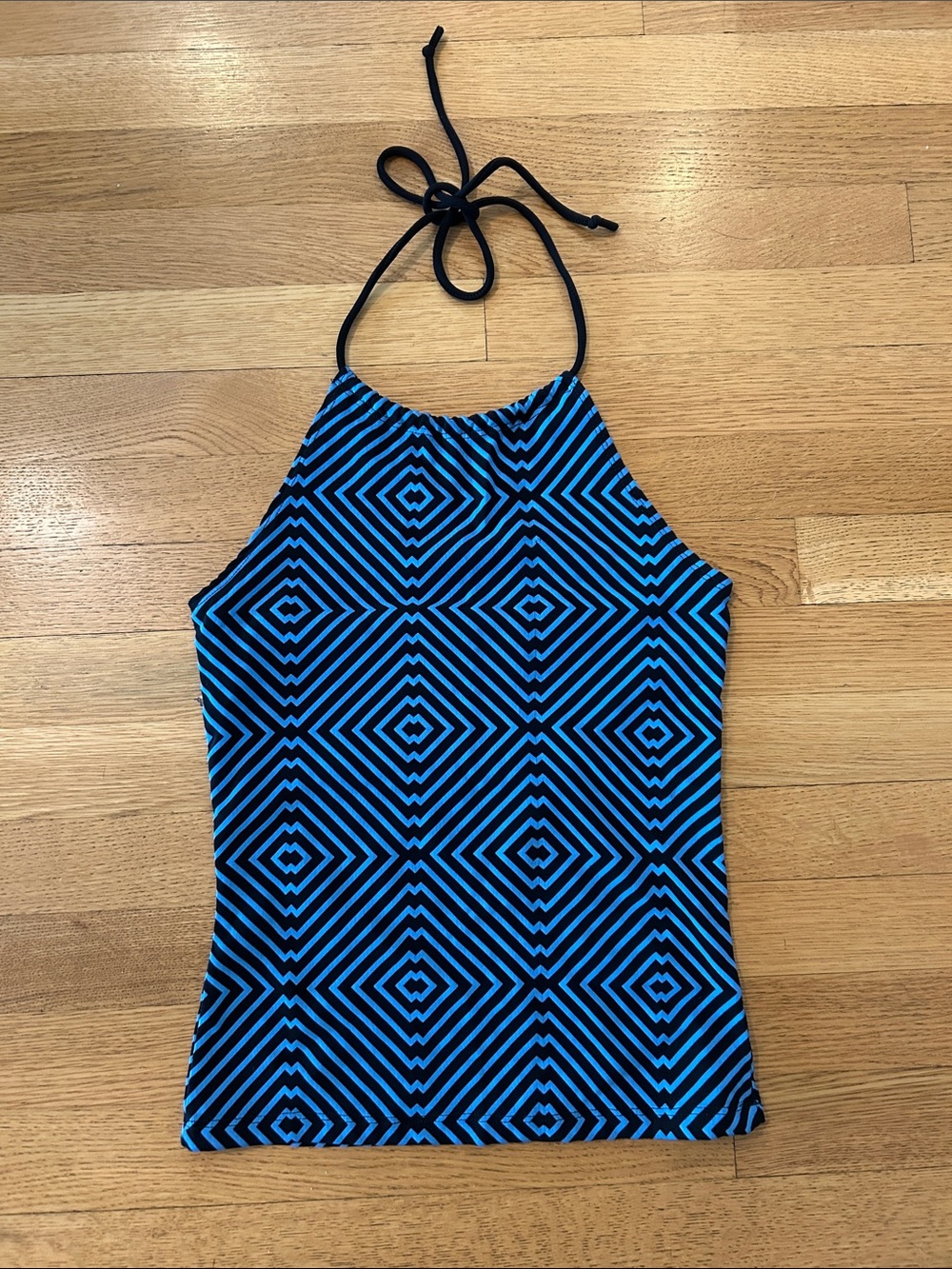 Rave Geometric Halter Top, Bue/Black, Y2K, Vintage, Size Medium